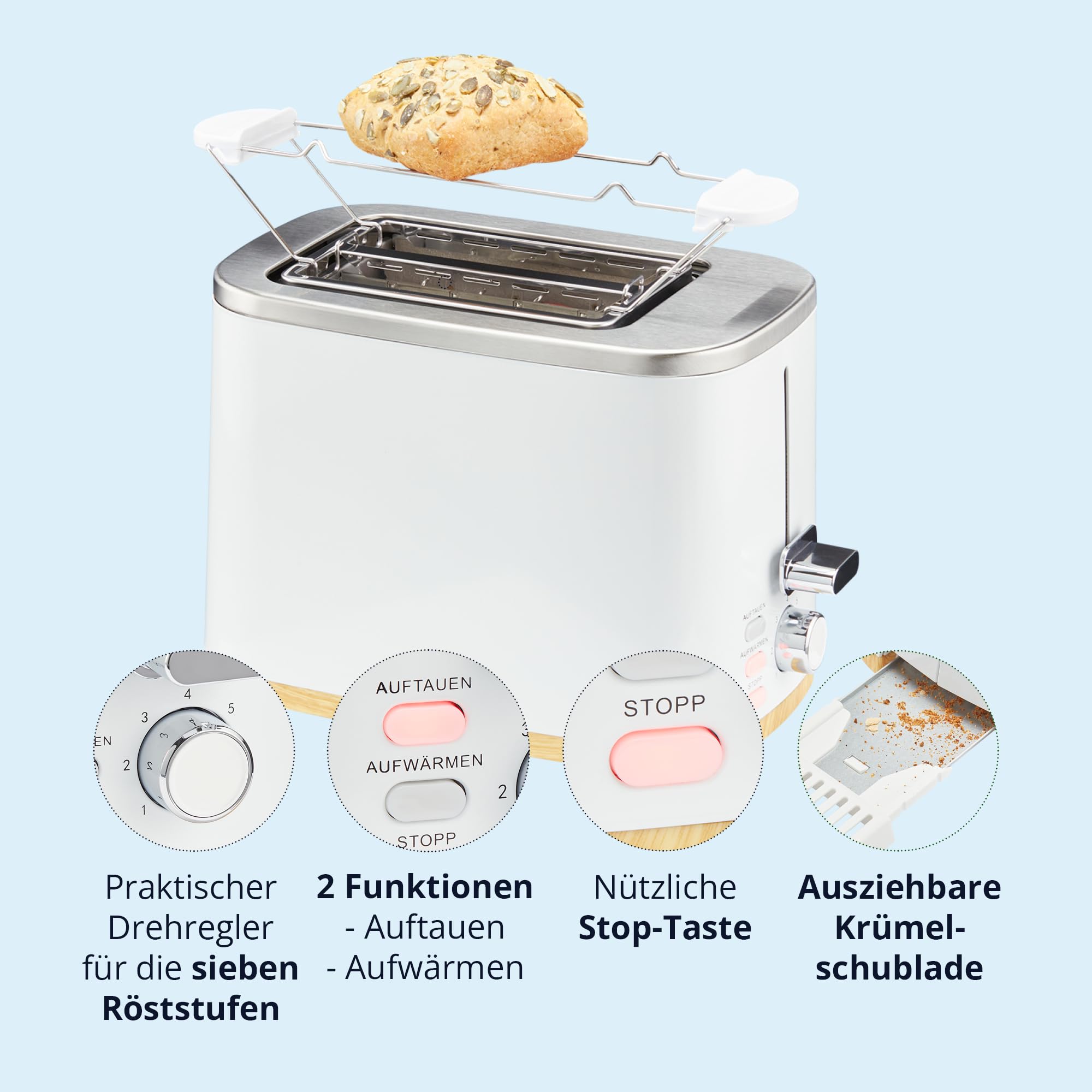 KHG Wasserkocher und Toaster Set 2-teilig 2200 800 Watt 1,7 Liter 2 Scheiben Weiß Holzoptik