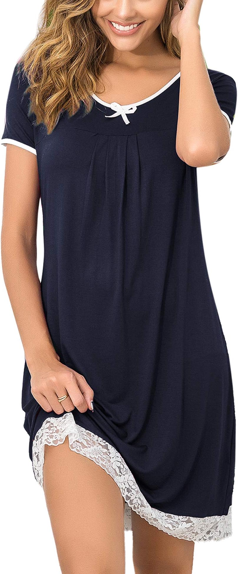 HotouchWomen's Nightgown Short Sleeve Nightdress Comfy Pleated Sleep Shirt Lace Trim Scoop Neck Nightshirt S-XXL