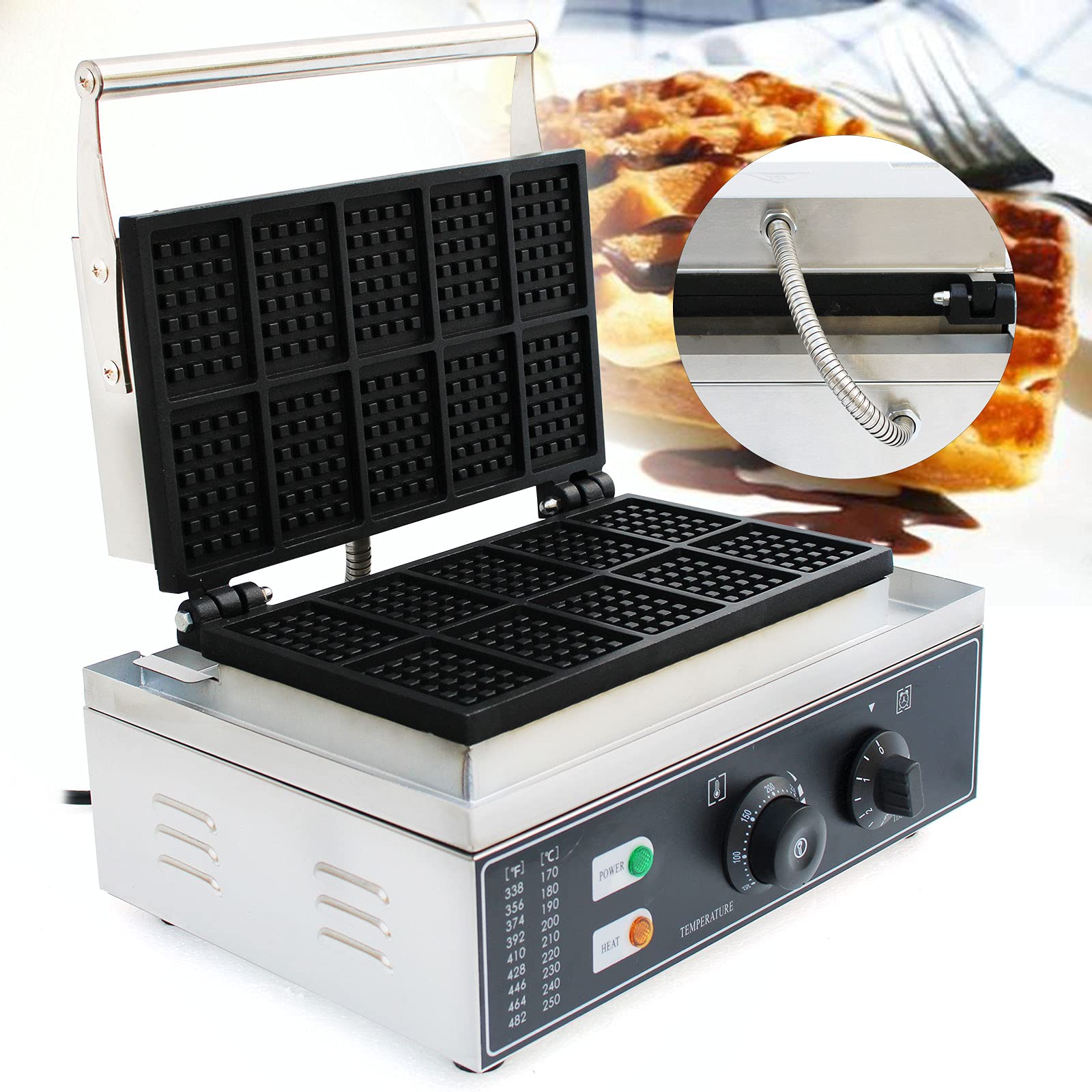 Futchoy Gofrera con placas antiadherentes, gofrera comercial de acero inoxidable para 10 gofres con carcasa de acero inoxidable, temperatura de 0-300 °C, temporizador