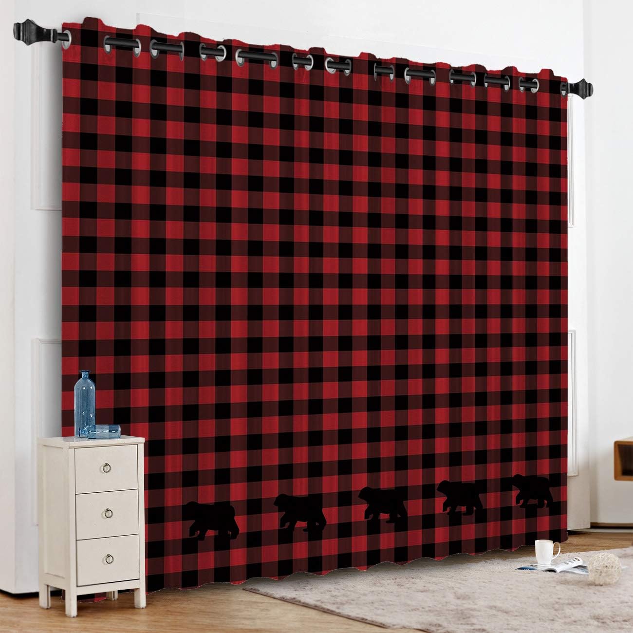 KAROLA Blackout Curtains Window Treatments for Living Room/Bedroom Room Darkening Grommet Drapes and Curtains,Buffalo Check Plaid Bear Applique 52" W x 24" L
