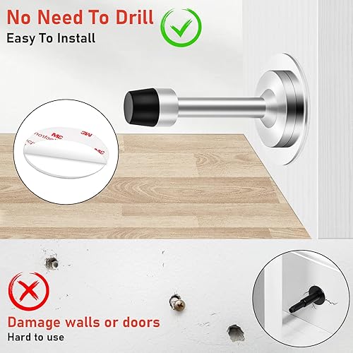 Miniatura 4 de Paquete de 4 topes de puerta de 3.5 pulgadas, autoadhesivos, sin taladro, para parte inferior de la puerta con punta de parachoques de goma, topes