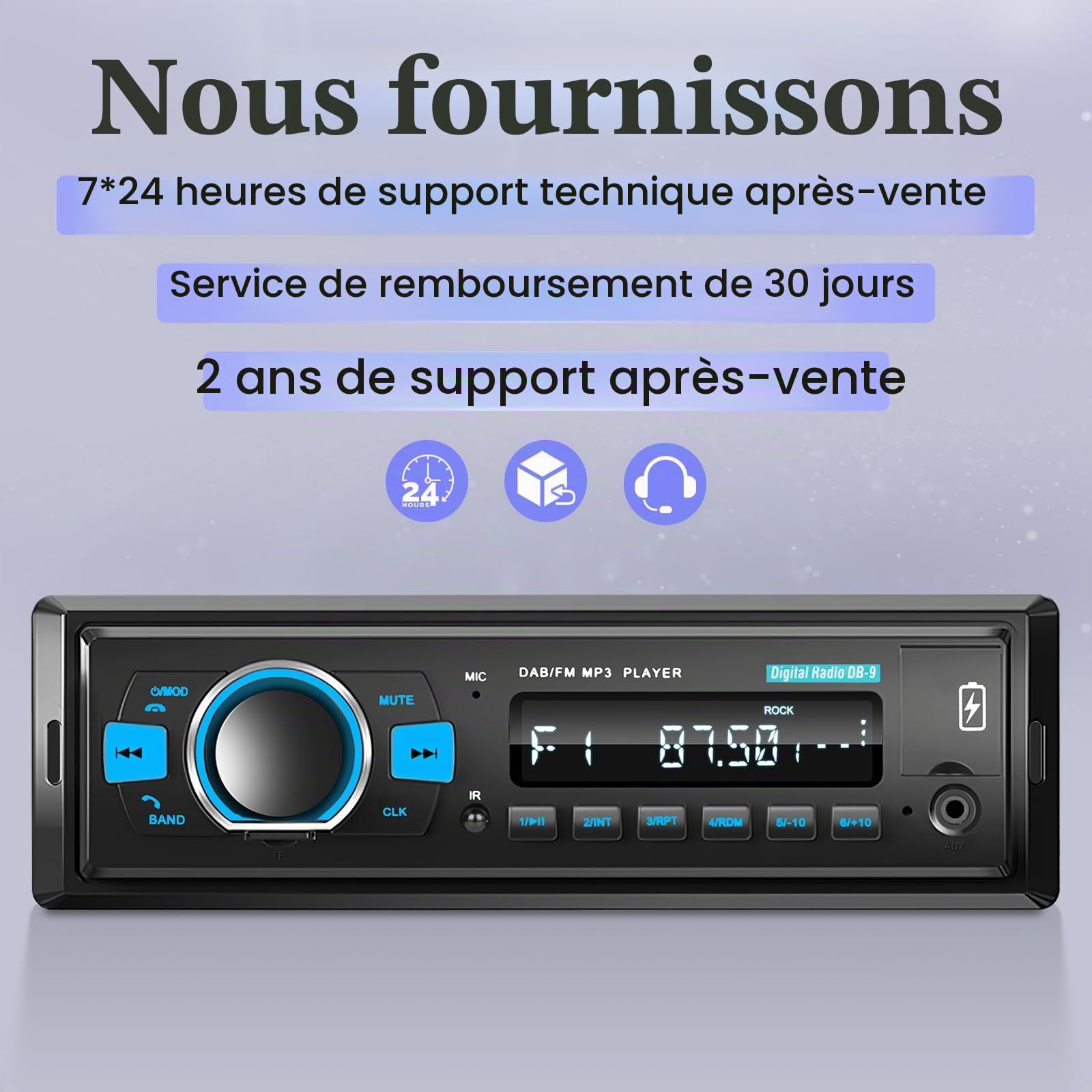 Autoradio Dab 1 Din avec Bluetooth 5.0 / EQ Audio/Appel Bluetooth/Radio FM/Charge USB/éclairage des Boutons/Port Carte TF SD/AUX-in, autoradio Single din + télécommande SWC