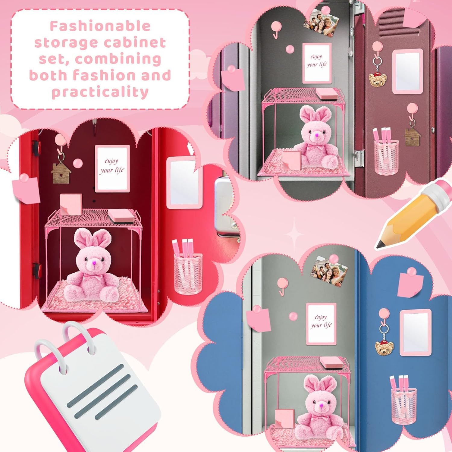 Demonwer Locker Accessories With Locker Shelf Locker Mirror Magnetic Pen Holder Sticky Note Whiteboard Mat Pink Locker Organizer for Work Mesh Metal Shelf Accessories Kit for School Office Supplies