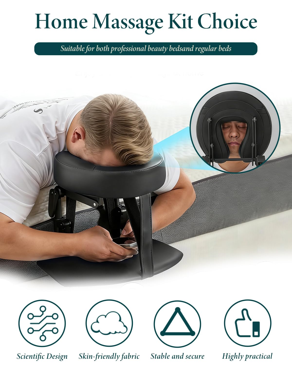 Massage Tischaufsatz, Massage Kopfstütze für Bett, Verstellbares U-förmiges Kissen, Massage-Matratzenauflage mit Armlehnenbrett und Aufbewahrungstasche (für Matratzen Einer 14-45cm,Black)