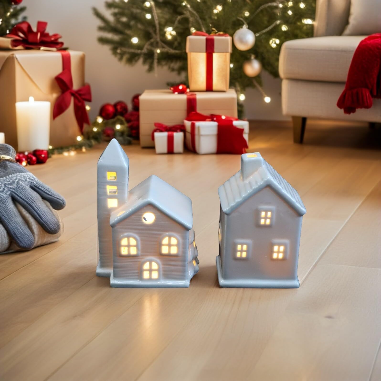 Uonlytech Casas Navideñas de Cerámica con Luces LED Cálidas, Adorno Elegante para Mesa y Árbol en Hogar Estilo Pueblo Rústico, Pack de 2 Piezas