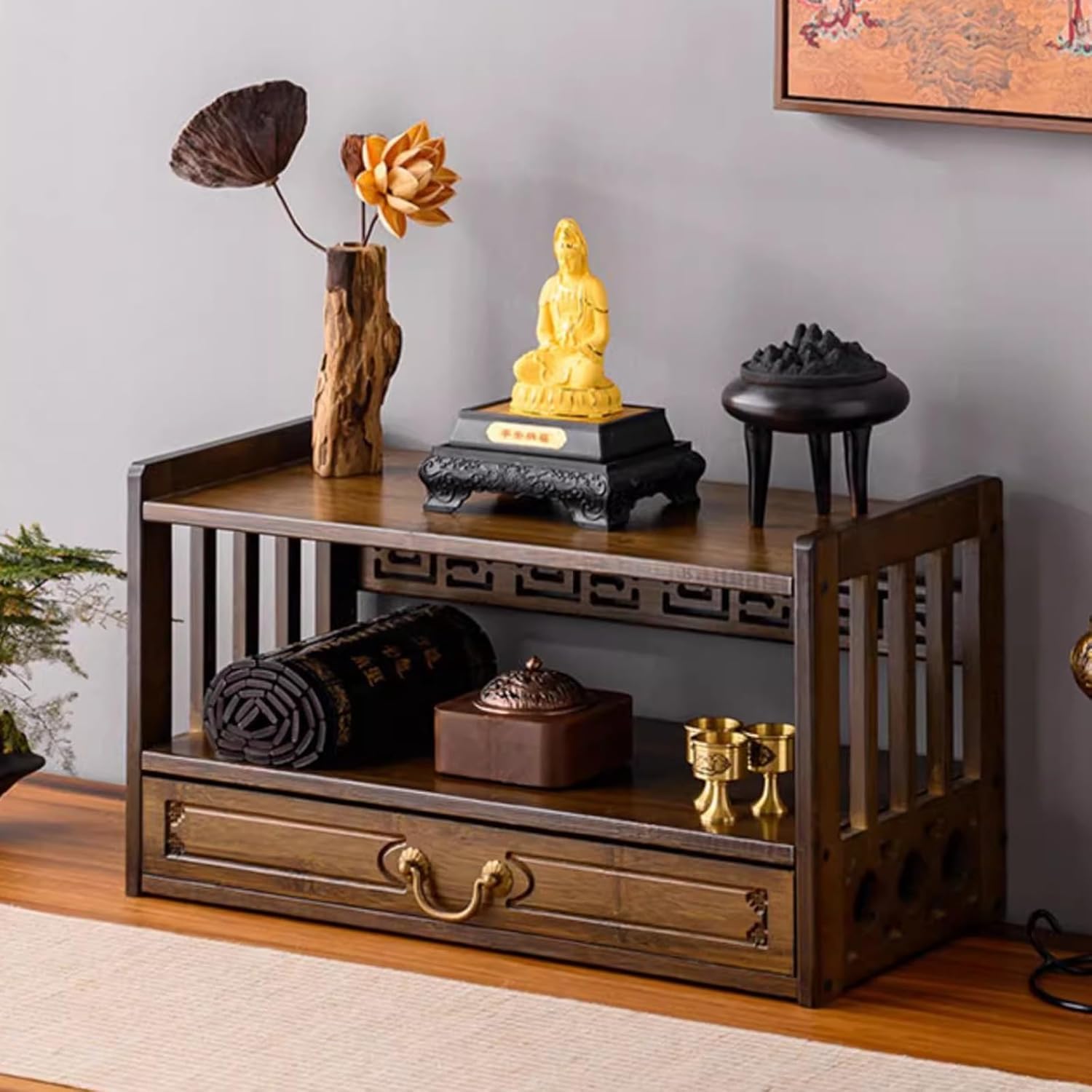 Altar de mesa de meditacion grande de 3 niveles para rituales espirituales con cajon de madera