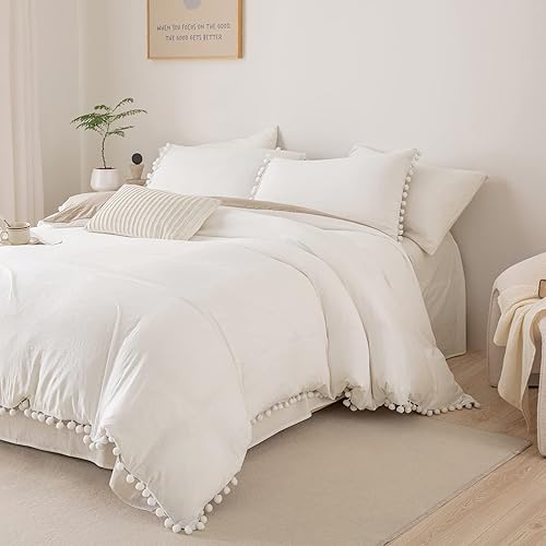 Miniatura 8 de Bedbay Juego de edredón estético bohemio, tamaño Queen, edredón blanco, elegante con pompones, flecos y flecos, juego de edredón ligero de