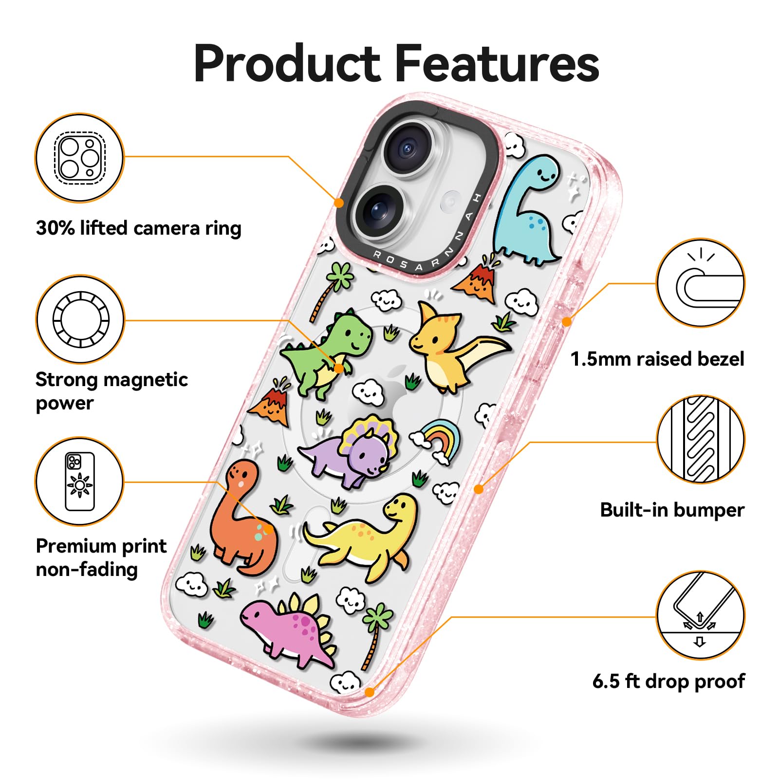 Rosarnnah Bonita funda para iPhone, compatible con Magsafe, duradera, a prueba de golpes, caída de 6.5 pies, divertido diseño de dinosaurio bebé para iPhone (6.1 pulgadas), rosa brillante