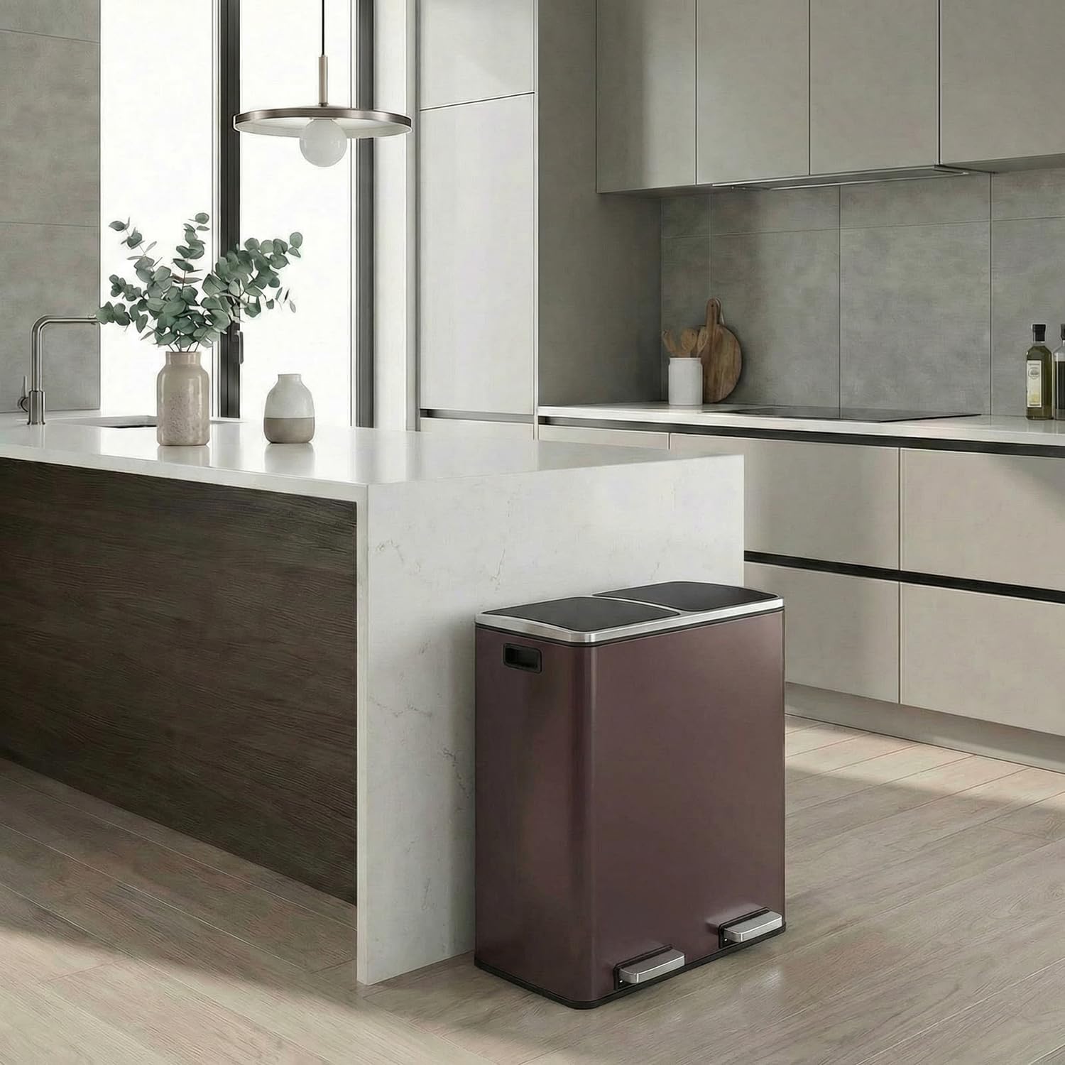 ComfyCorner 16 Gallon Rectangular Stainless Steel Trash Can, Dual Compartment Garbage Bin with Recycling Combo, Metal Dustbin Lid, Removable Liner, Indoor Hands Free Waste Bucket for Kitchen Home
