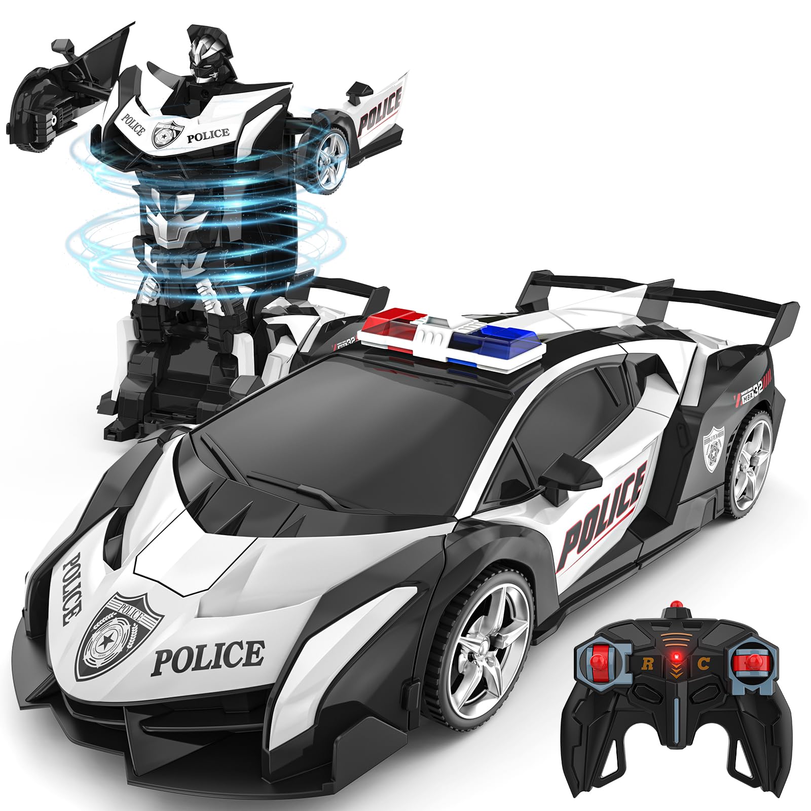 BLUEJAY Transform Rc Cars for Boys 4-7 8-12, 2.4Ghz Remote Control Car 1:18 Scale Transforming Robot, One-Button Deformation 360° Rotation Car Toy Gifts for Boys 3-5 (Police)