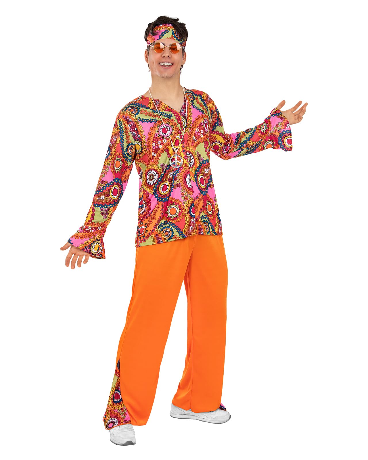 Funidelia Disfraz de Hippie feliz para hombre, Años 60, Incluye pantalón, camiseta y cinta para el pelo - Traje para adultos para fiestas, Carnaval y Halloween, Talla XL