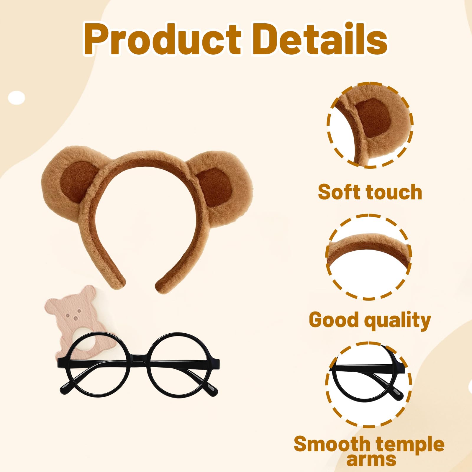 SrgPui 3 Pcs Bear Ears Headband+ 3 Pcs Black Round Frame Glasses, Plush Teddy Bear Party Hats - Image 3