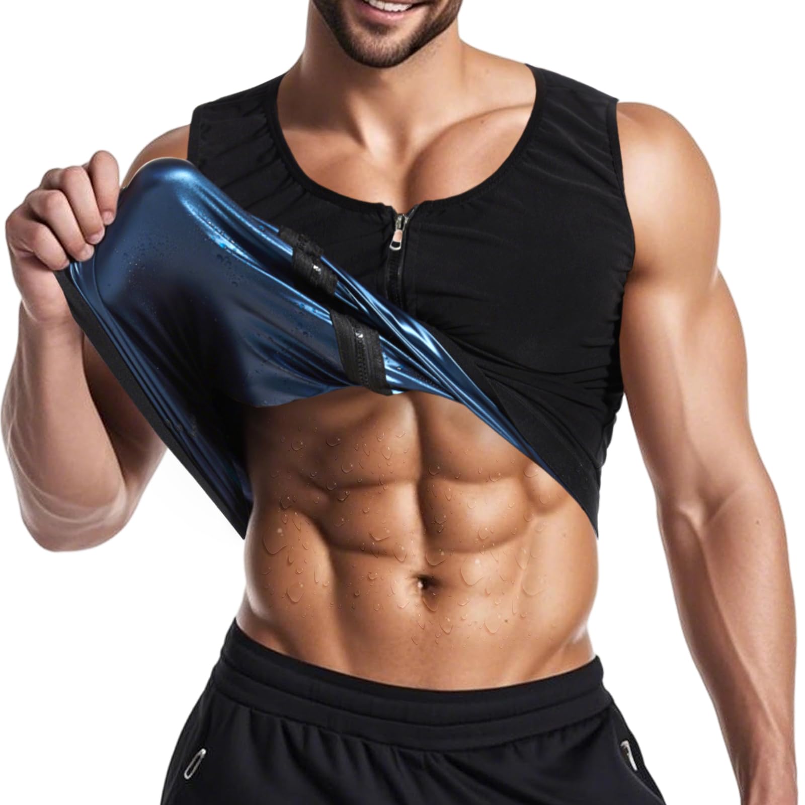 Sahunfri Men's Sauna Vest with Zipper, PU Milk Silk Sweat Suit, Triples Sweating Boost Calorie Burn Sweat Suits for Weight Loss Men (XXL-3XL)
