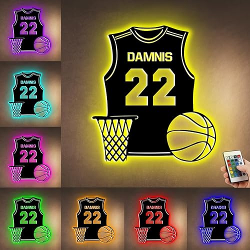 Letrero LED de camiseta de baloncesto personalizado, letrero luminoso de 16 colores, lámpara de decoración de pared de metal para dormitorio,