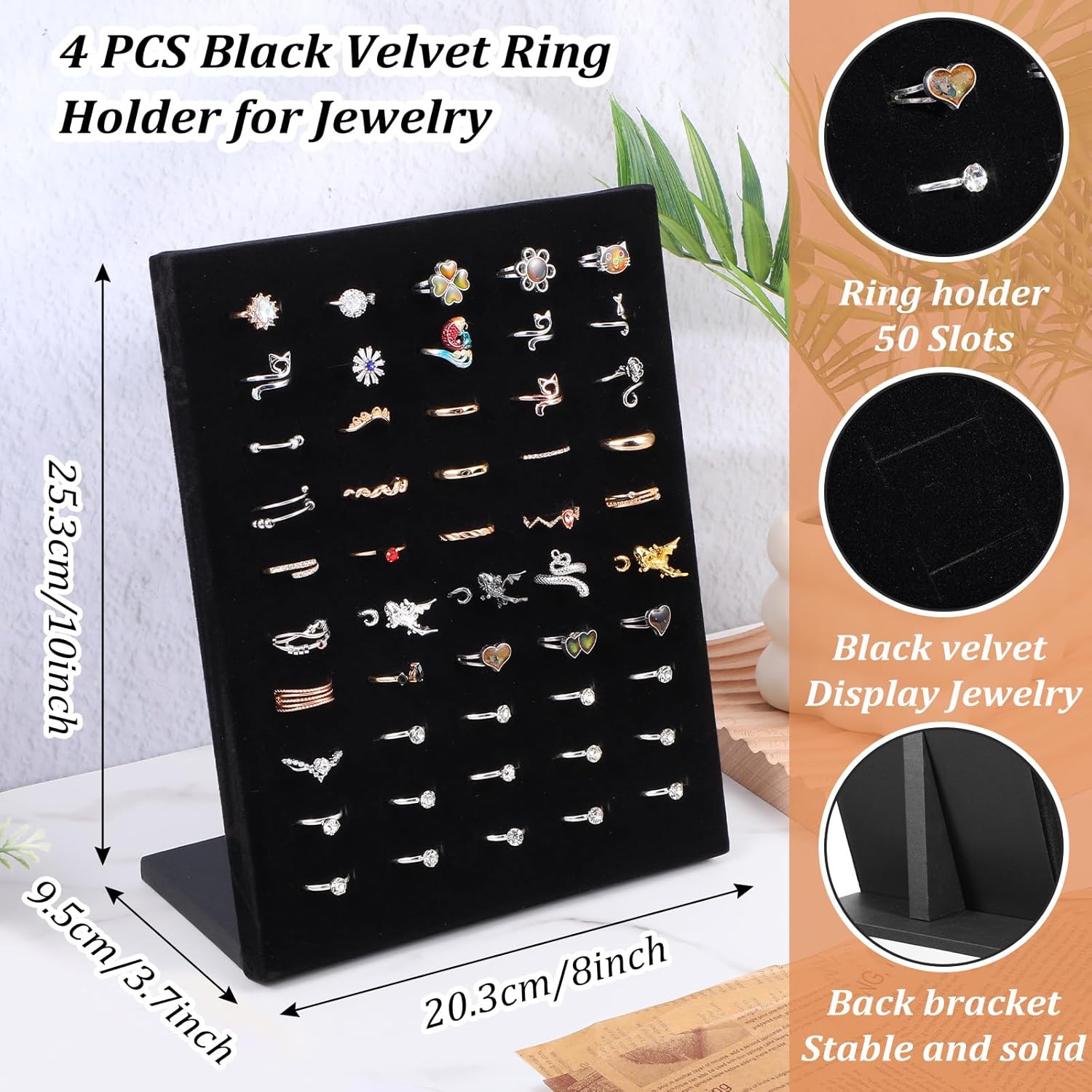 4 Pcs Velvet Ring Display 50 Slots L-Shaped Ring Display Stand Tray Holder for Selling Earring Jewelry (Black, 8 x 10 x 3.7 Inches)