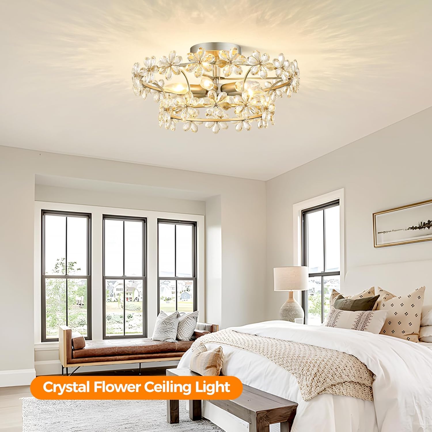 Flower Crystal Chandelier, Modern Floral Semi Flush Mount Ceiling Light, 19.1 Inches 6 Light Dining Room Light Fixtures Over Table, Ceiling Lamp for Bedroom Room, Living Room, Entryway