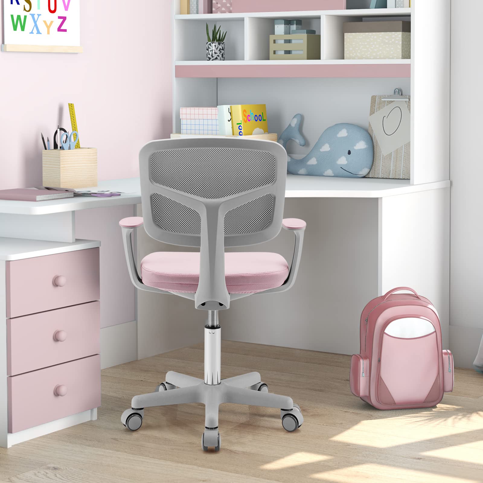 GOPLUS Chaise de Bureau pour Enfant, Chaise d’Étude avec Dossier Ergonomique et Siège Pivotant à 360°, Hauteur Réglable, pour Chambre d’Enfant, Capacité de Charge Max 150 Kg (Rose)