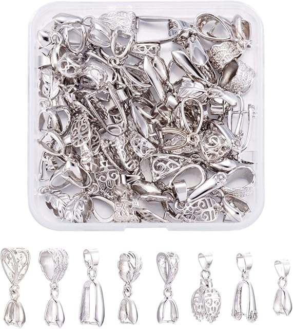 Craftdady 48pcs Pinch Clip Bail Clasps Pendants Silver Connector Bead Hanger Links for Drilled Stone Dangle Charm Jewelry Making, 8 Styles