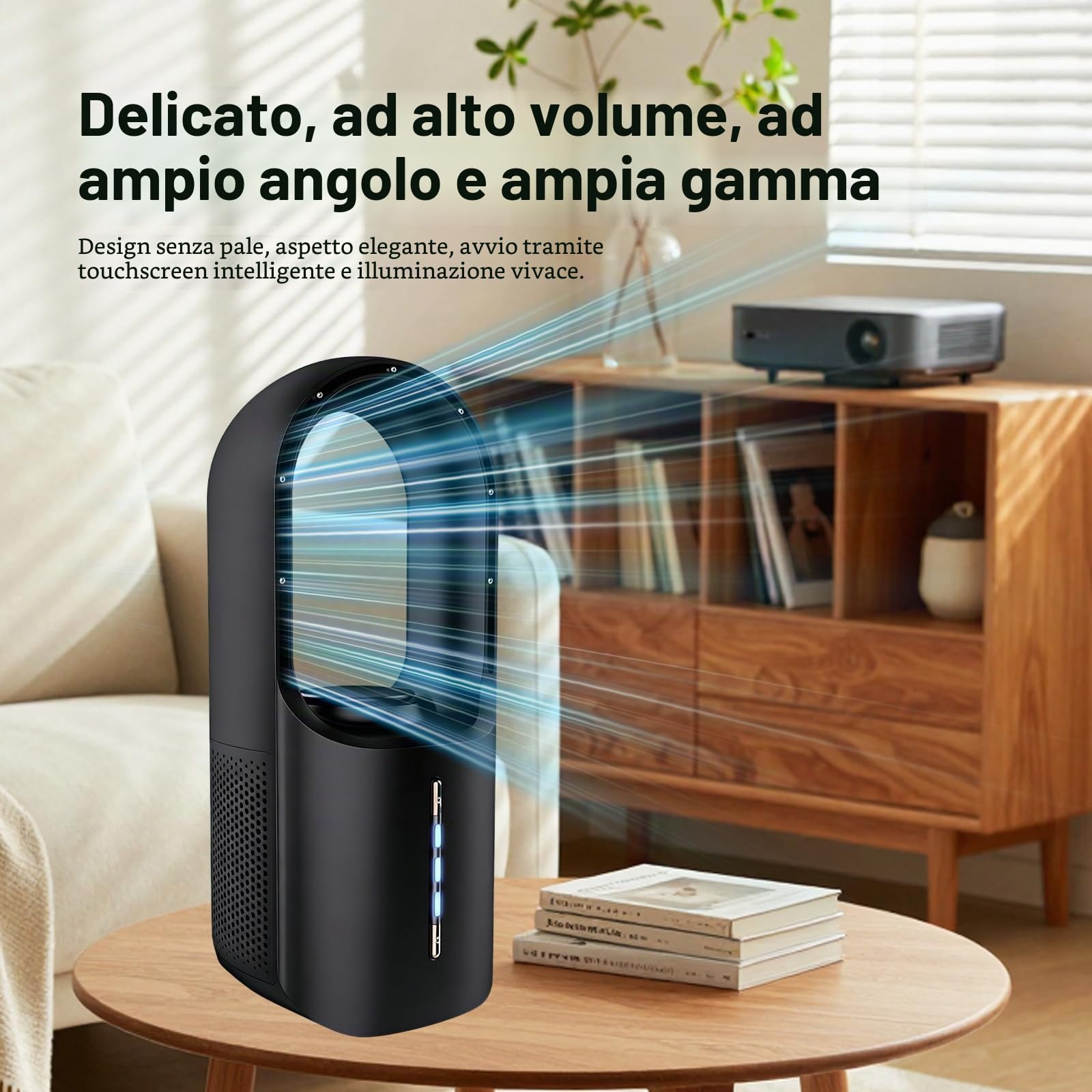Ventilatore a torre silenzioso con purificatore d'aria, 3 velocità, tattile, adatto come diffusore di aromi, ventilatore senza pale per casa, ufficio