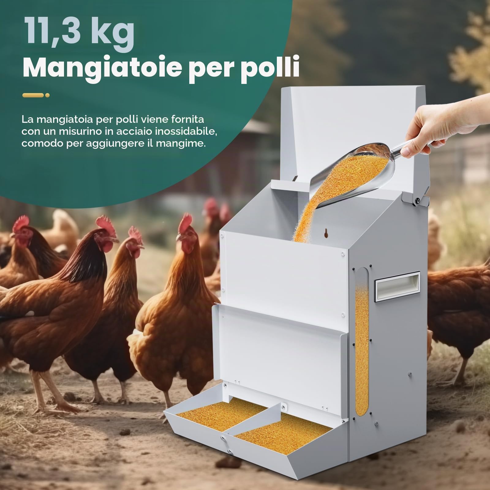 25LB Mangiatoia Automatica per Polli in Acciaio Inox Mangiatoia per Polli da Appendere Appesa con Pala e Coperchio Alimentatore Automatico per Pollame Galline Anatre Tacchini