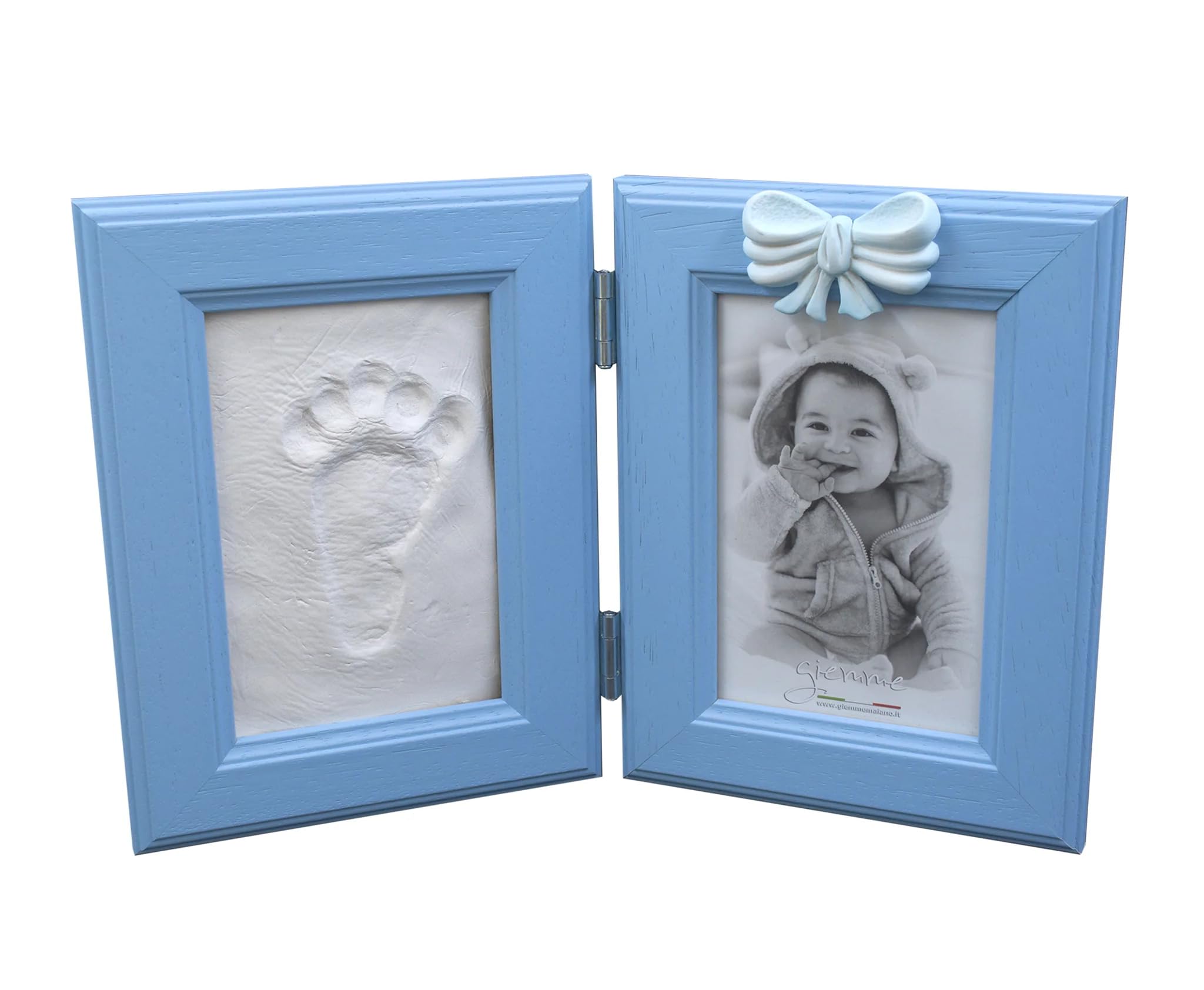Marco Huella de bebé azul con lazo - Fotos 2 x 15 x 10 cm - Kit Huella Pie y Mano Niño con Pasta Modelable - Marco Doble Recuerdo Nacimiento Baby Shower Bautizo - Idea regalo
