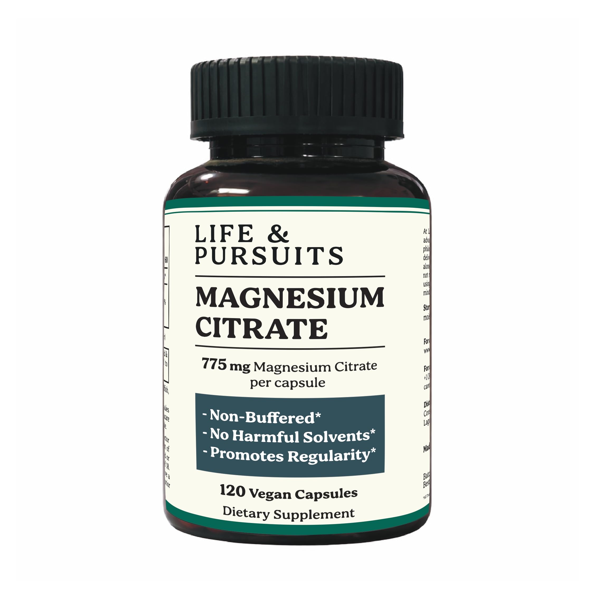 Life & Pursuits Pure Magnesium Citrate 775 mg – 120 Vegan Capsules | 120 mg Elemental Magnesium per Capsule| High Absorption, Non-Buffered Supplement for Gut & Digestion Support | 3rd Party Lab Tested