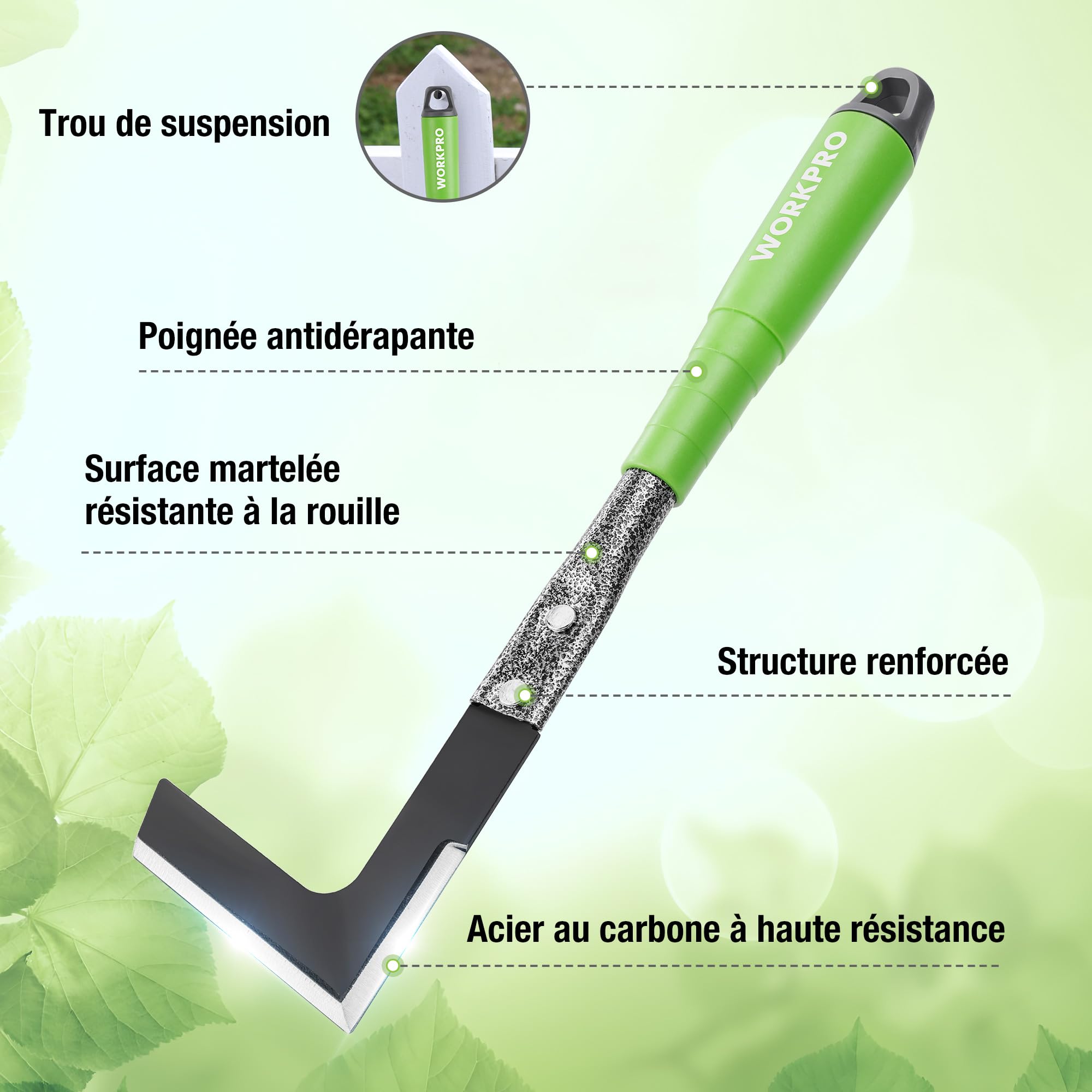 WORKPRO Outils de Jardinage 6 Pièces, Kit d'outils de Jardin en Acier Inoxydable avec Houe 2-en-1, Treulle, Râteaux, Couteau Désherbeur, Finition Martelée, pour Taille et Entretien, Cadeaux de Jardin