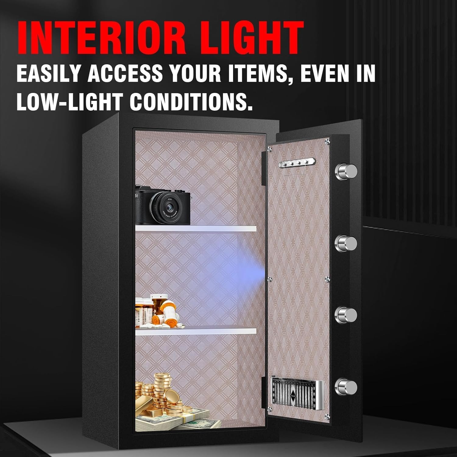 ToruKeep DLA80 safe interior with light illuminated, showing contents.