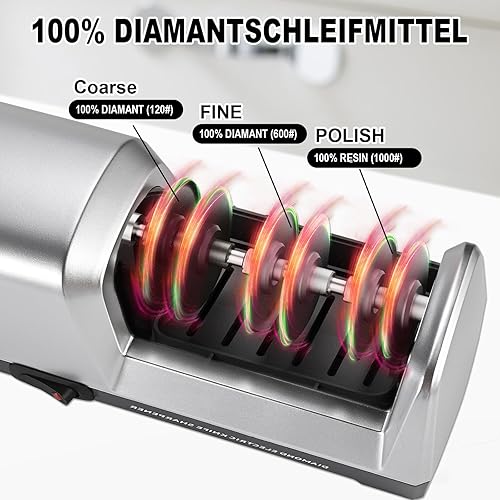 Miniatura 6 de Afilador de cuchillos eléctrico de 3 etapas, con abrasivos 100% de diamante y guías de ángulo de precisión de 15, afilador de cuchillos eléctrico