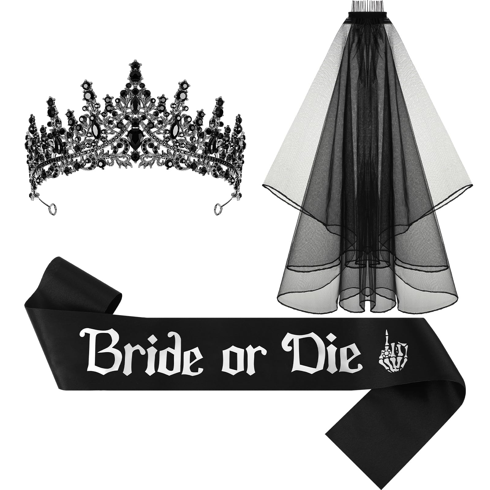 Panitay Juego de 3 piezas de decoración de novia o troquel para despedida de soltera, corona de novia, velo para decoración de boda negra, accesorios góticos para el día de la boda de Halloween,