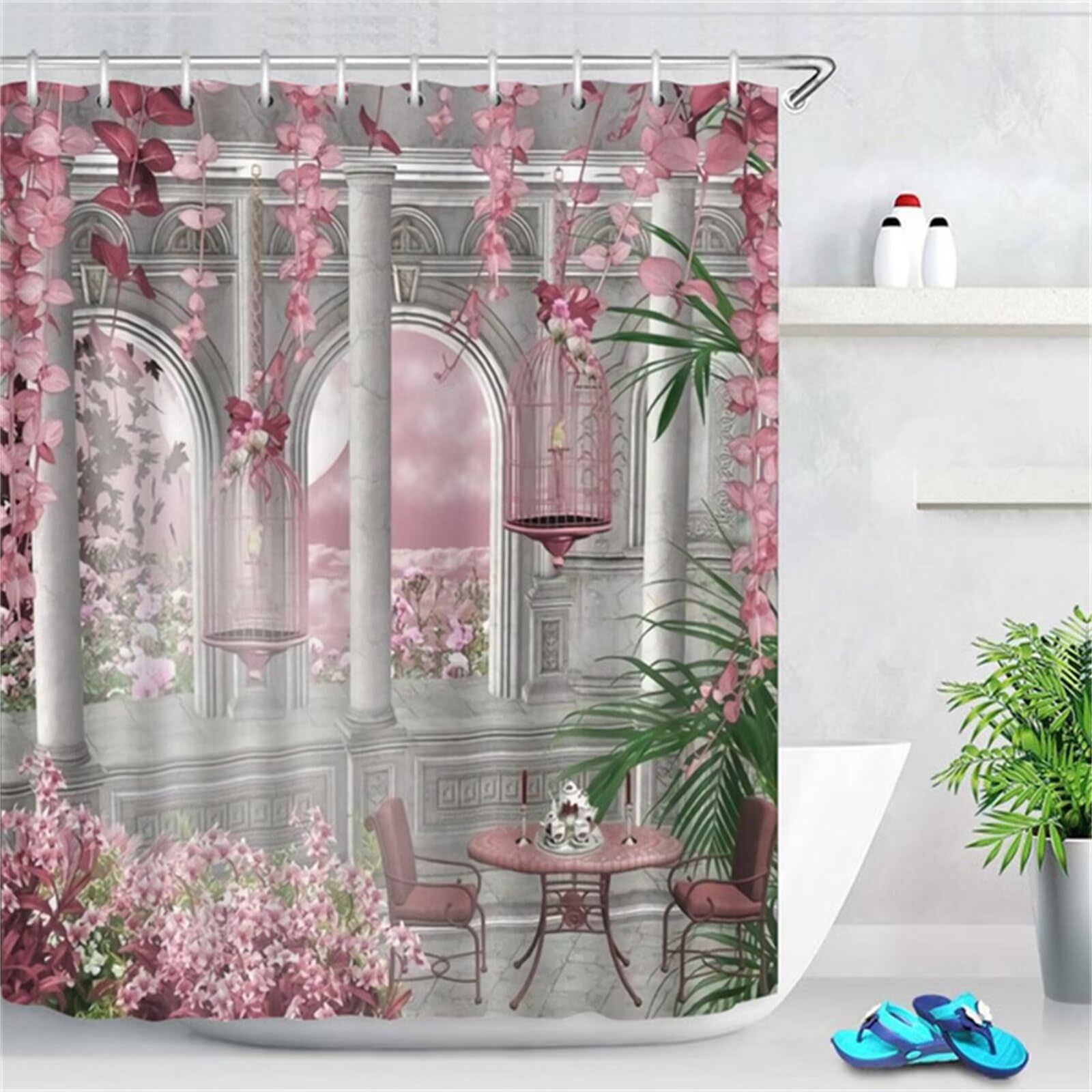 Fleurs roses nordiques Rideau Douche W180cm x L240cm Rideaux de Douche Anti Moisissure Tissu Imperméable avec Crochets,Rideaux Lourd Lavable,3D Shower Curtain Baignoire Salle de Bains Decor M-169