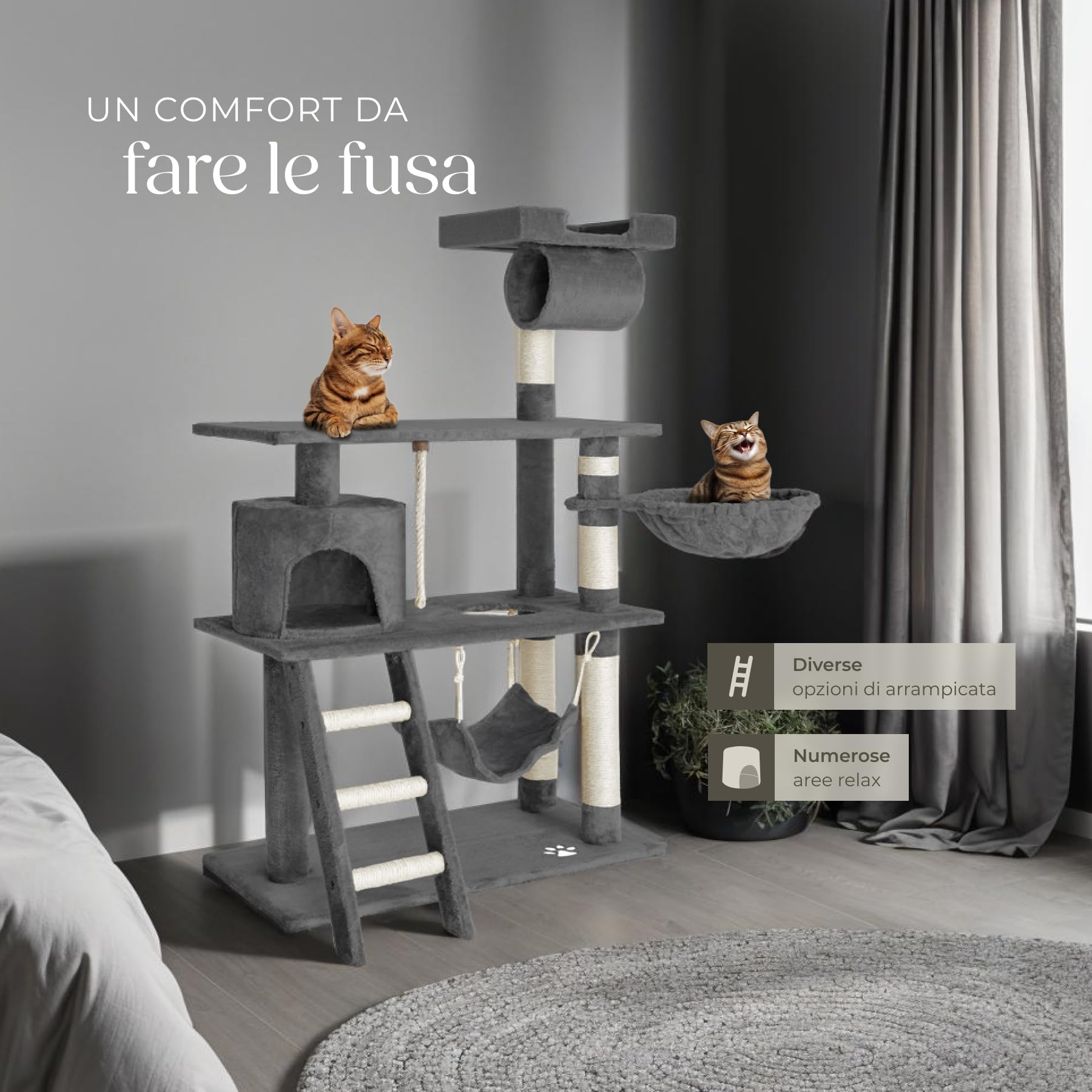 tectake® Tiragraffi per Gatti, Multifunzionale, Tiragraffi Gatto con Amaca, Albero per Gatti con Piattaforme Elevate e Colonne in Sisal, Albero Gatti Ideale per Gioco e Relax - Grigio