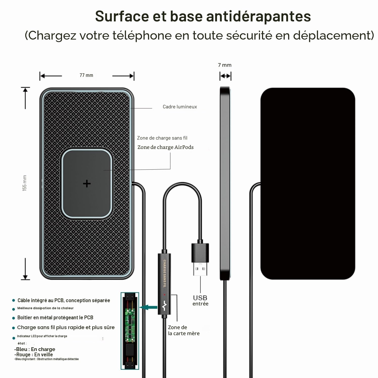 Chargeur Induction Voiture, Polmxs 15W Qi Pad de Chargeur sans Fil Voiture Rapide, Tapis de Chargement de Ultra Fin Compatible avec Airpods 3/Pro,iPhone 16/15/14/13/12/11/X/8, Samsung S24/S23/S22