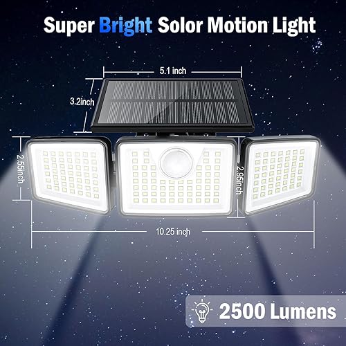 Miniatura 8 de Luces solares de 2500 lm para exteriores con sensor de movimiento, 3 cabezales de 270 de gran angular, iluminación de seguridad impermeable IP65 con