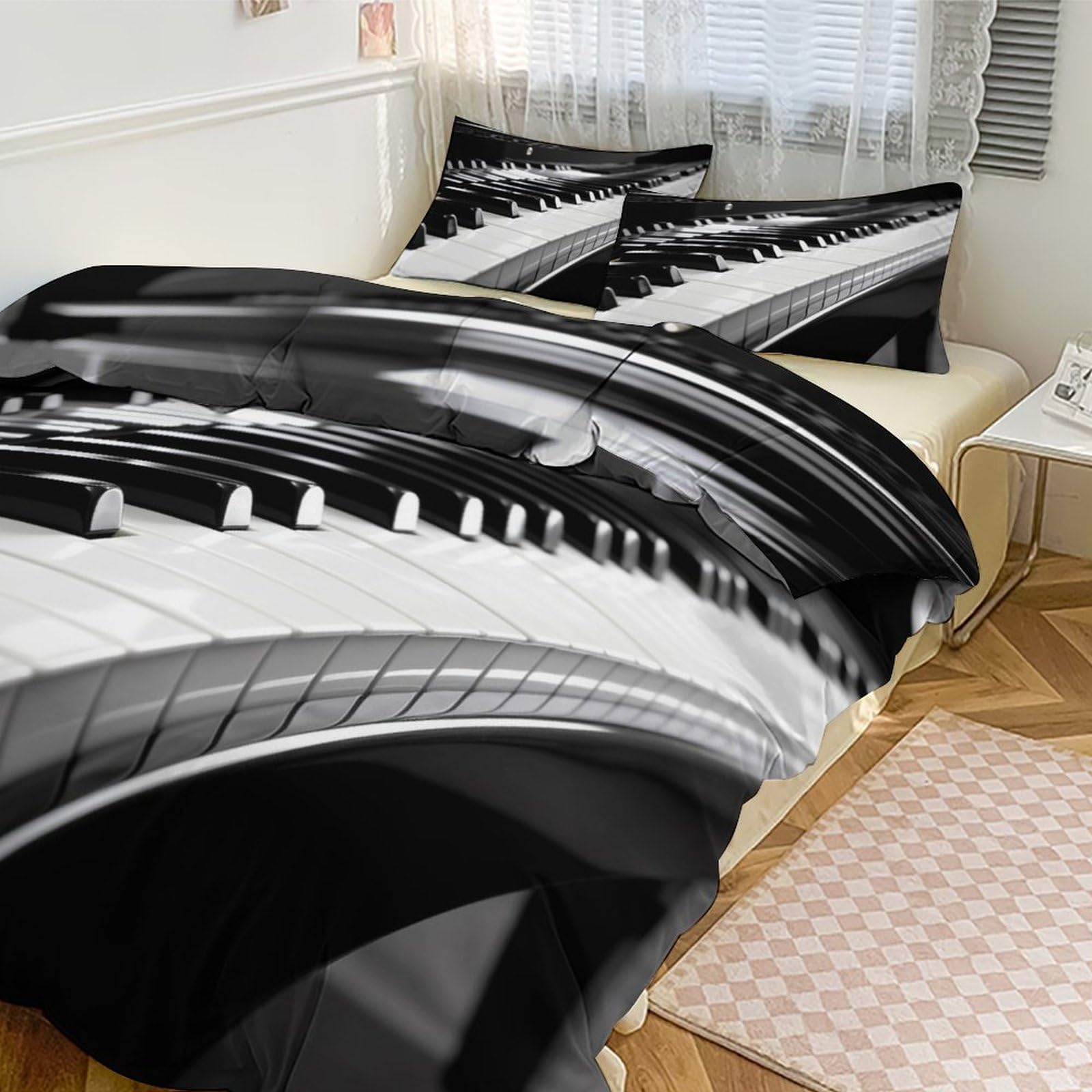 Parure de lit 3 pièces pour chambre d'ado mélomane motif touches de piano réversible