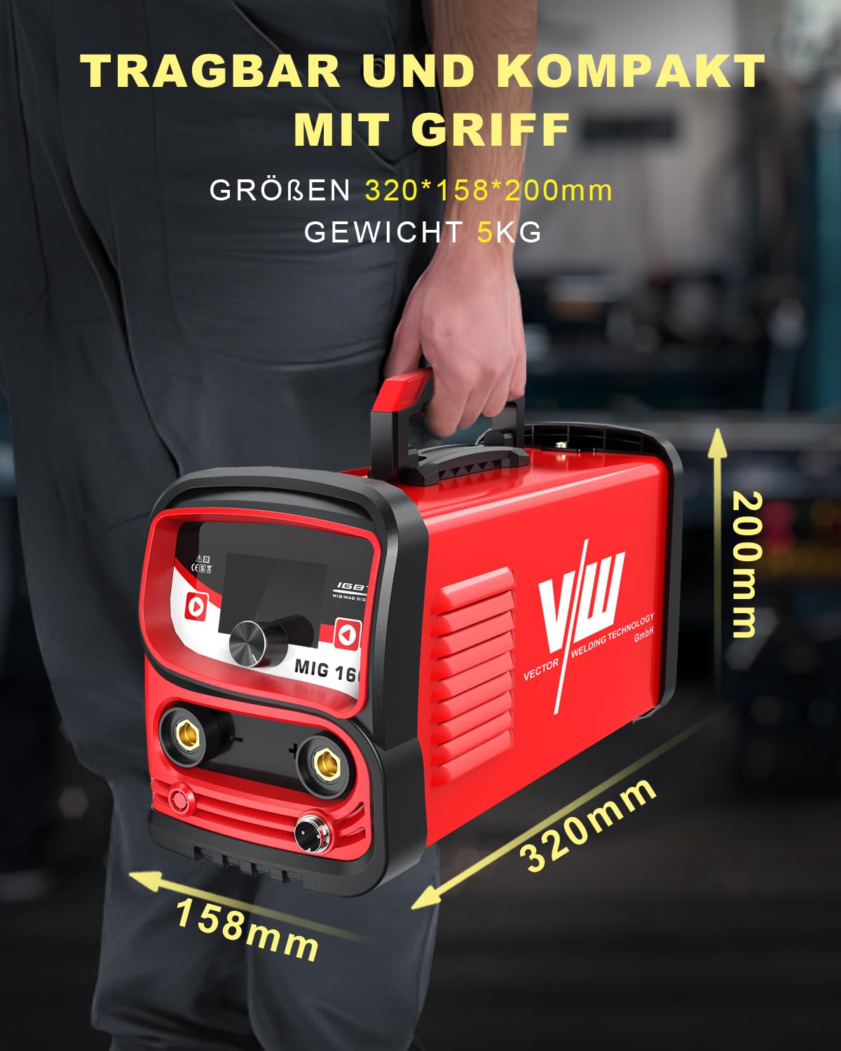 VECTOR WELDING MIG MMA Schweissgerät 160 A, Fülldraht Schweißgerät Set für Anfänger, IGBT Schutzgasschweißgerät mit Digitales Display Gasfrei-Funktion Schutz gegen Überhitzung
