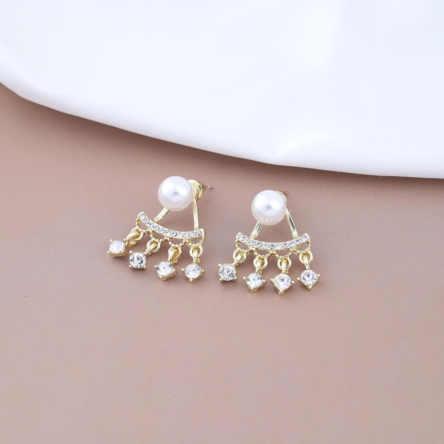 Sparkly Pearl Crystal Ear Jacket Earrings Crystal Dangle Climber Earrings Gold Pearl Front Back Earrings Cz Rhinestone Earrings Bling Wedding Earrings Jewelry for Women - Image 6