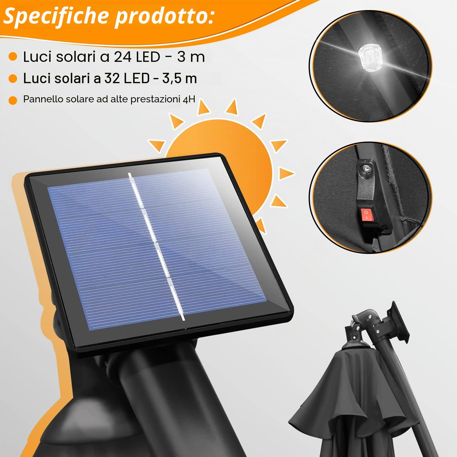 Ombrellone parasole a LED in alluminio Ø300/350cm con manovella, ombrellone con supporto, protezione solare dai raggi UV, in alluminio, per mercato, impermeabile