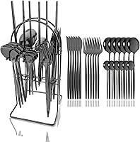 Vista 21 de JASHII Juego de cubiertos de 24 piezas con tenedores y cucharas con soporte, juego de cubiertos de metal de titanio negro y chapado en oro, acero