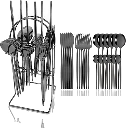 Miniatura 21 de JASHII Juego de cubiertos de 24 piezas con tenedores y cucharas con soporte, juego de cubiertos de metal de titanio negro y chapado en oro, acero