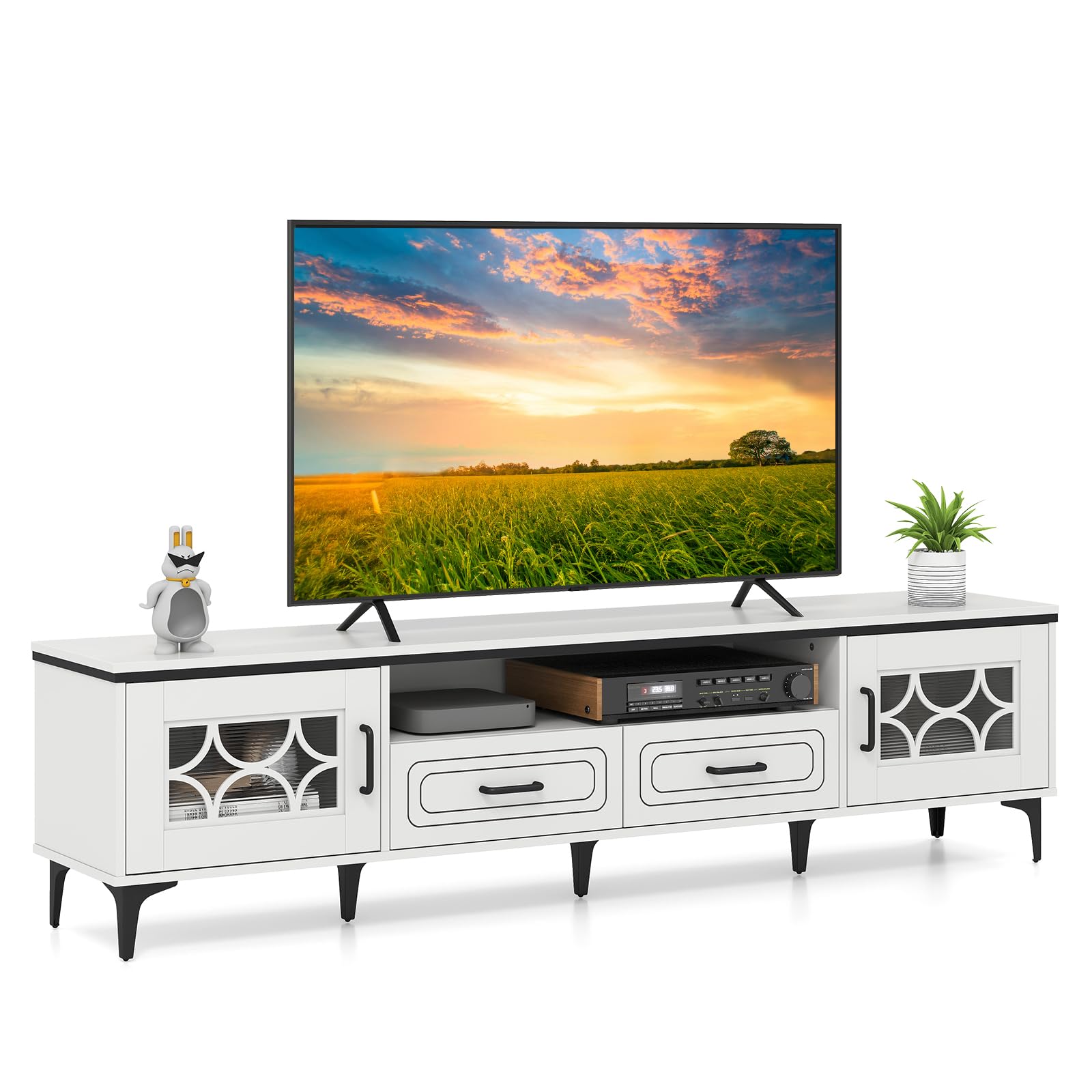 COSTWAY Mobile TV in Legno per Televisori Fino a 80", Mobile Porta TV 180 cm con 2 Cassetti, 2 Armadi e Scomparto, 7 Gambe Metalliche Rialzate, Consolle Media per Soggiorno (Bianco)
