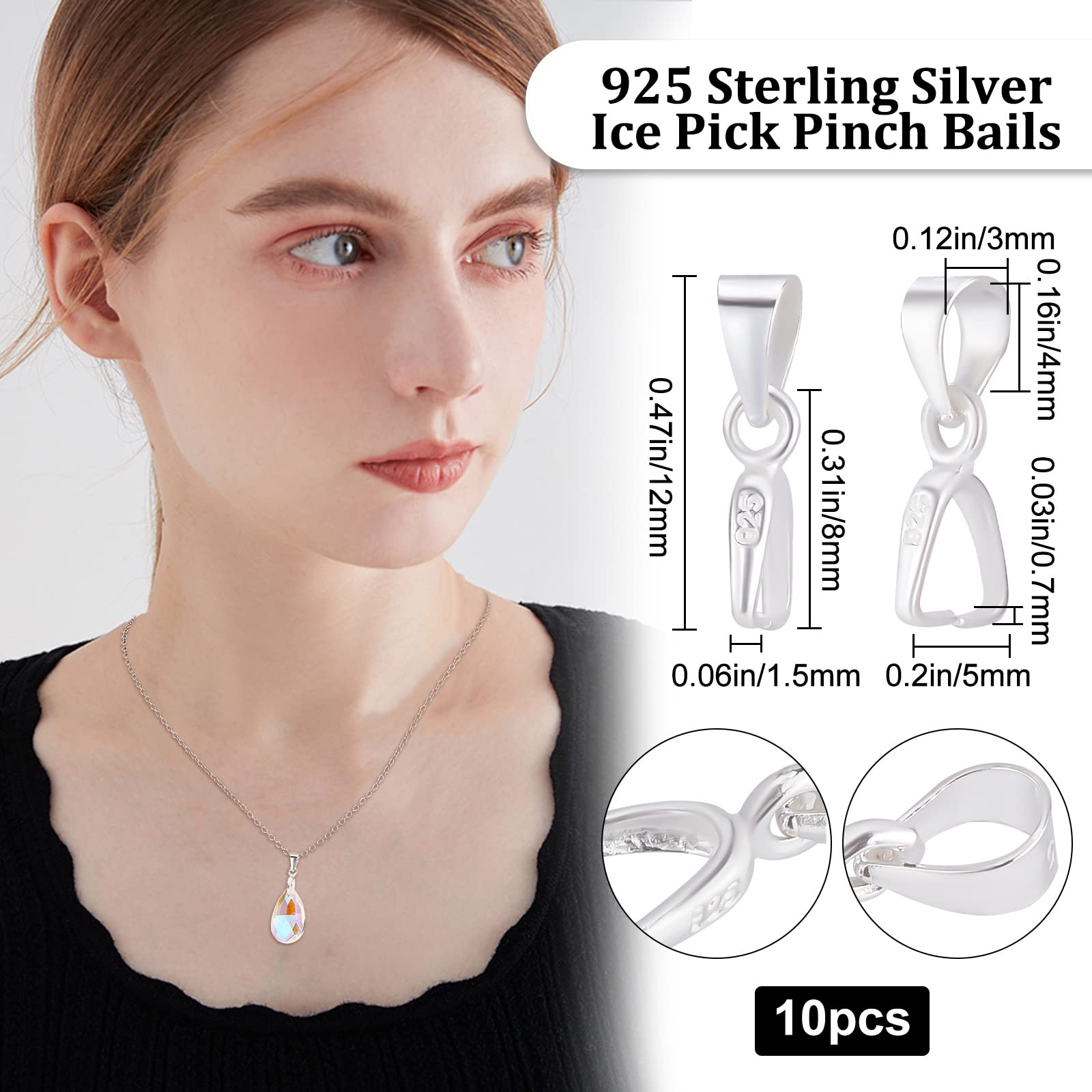 Beebeecraft 6 Pezzi Chiusure A Pizzico (Pinch Bails) In Argento Sterling 925 – 2 Misure Per Ciondoli E Creazione Gioielli Fai-da-Te