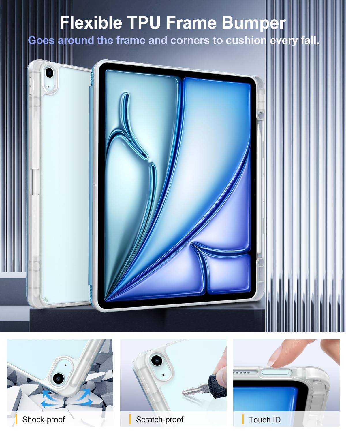 TiMOVO Custodia per Nuovo iPad Air 13 Pollici (M3/M2-2025/2024) con Portapenne, Cover Protettiva per iPad Air 13 con Supporto Pieghevole & Retro Trasparente, Auto Sveglia/Sonno, Glitter Blu