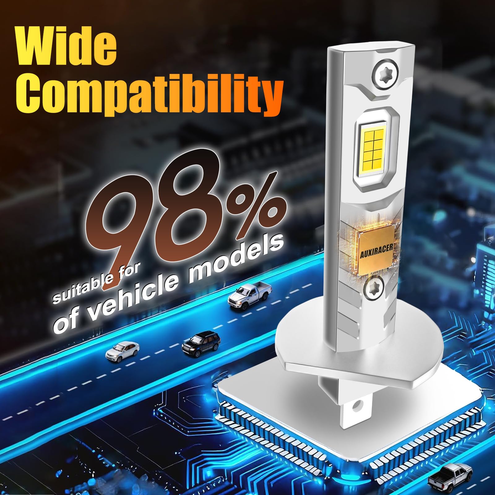 AUXIRACER Ampoule H1 LED, 30000LM 6500K Blanc Froid, H1 LED de Phares Voiture Automobile 500% Luminosité, 1:1 Mini Taille, Plug and Play, 2 pièces
