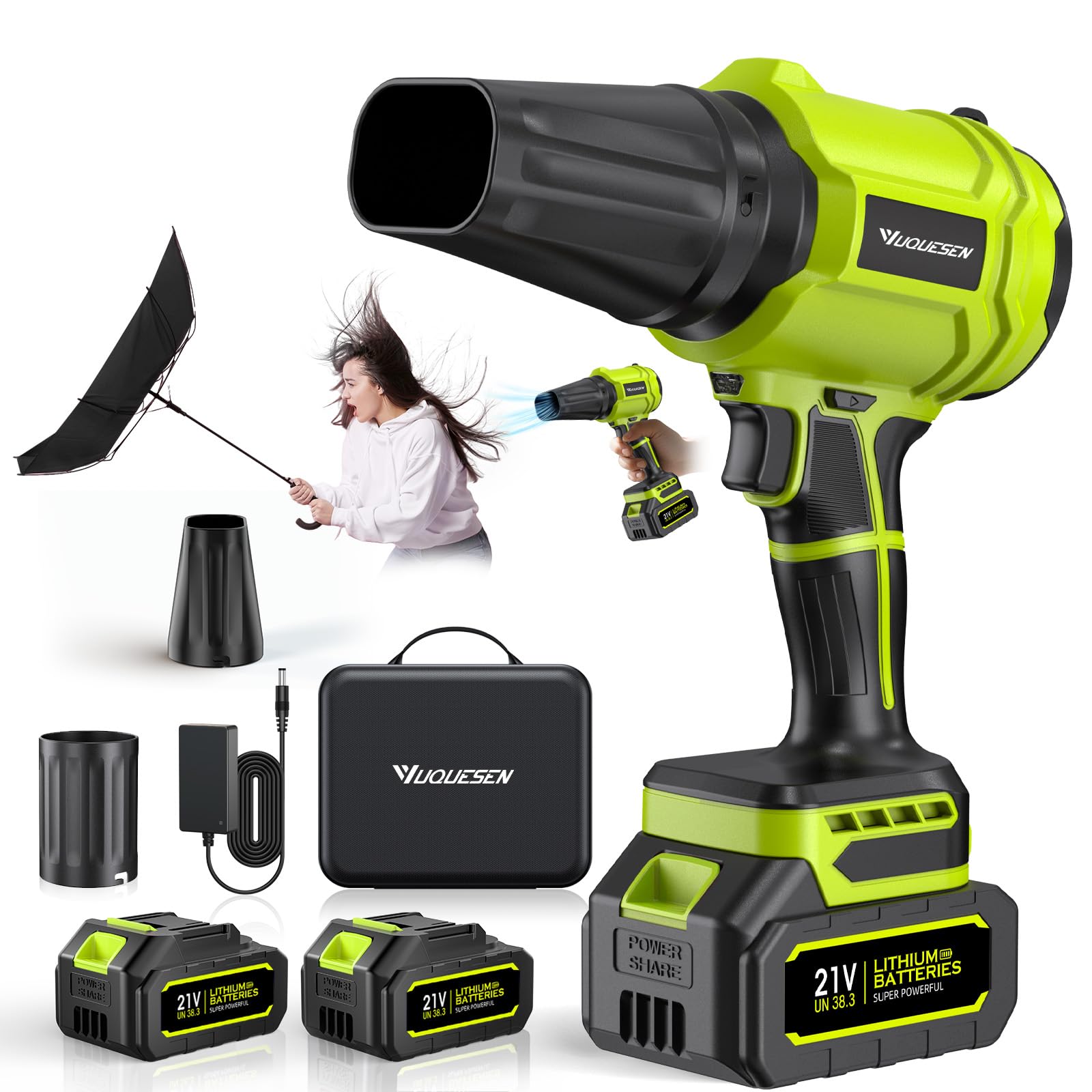Soplador de Hojas, 900.000 RPM, 2 Baterías y Cargador, Ligero, para Jardín, Césped, Patio, Coche, Eliminación de Nieve y Polvo, Verde Brillante