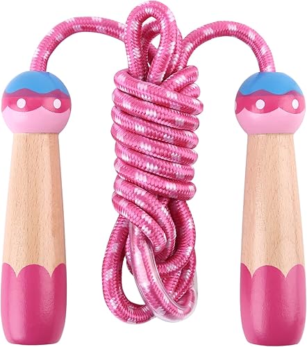 Lorvain - Cuerda de saltar ajustable para niños, cuerda de saltar para niños con mango de madera para niñas y niños, cuerdas de salto pesadas para