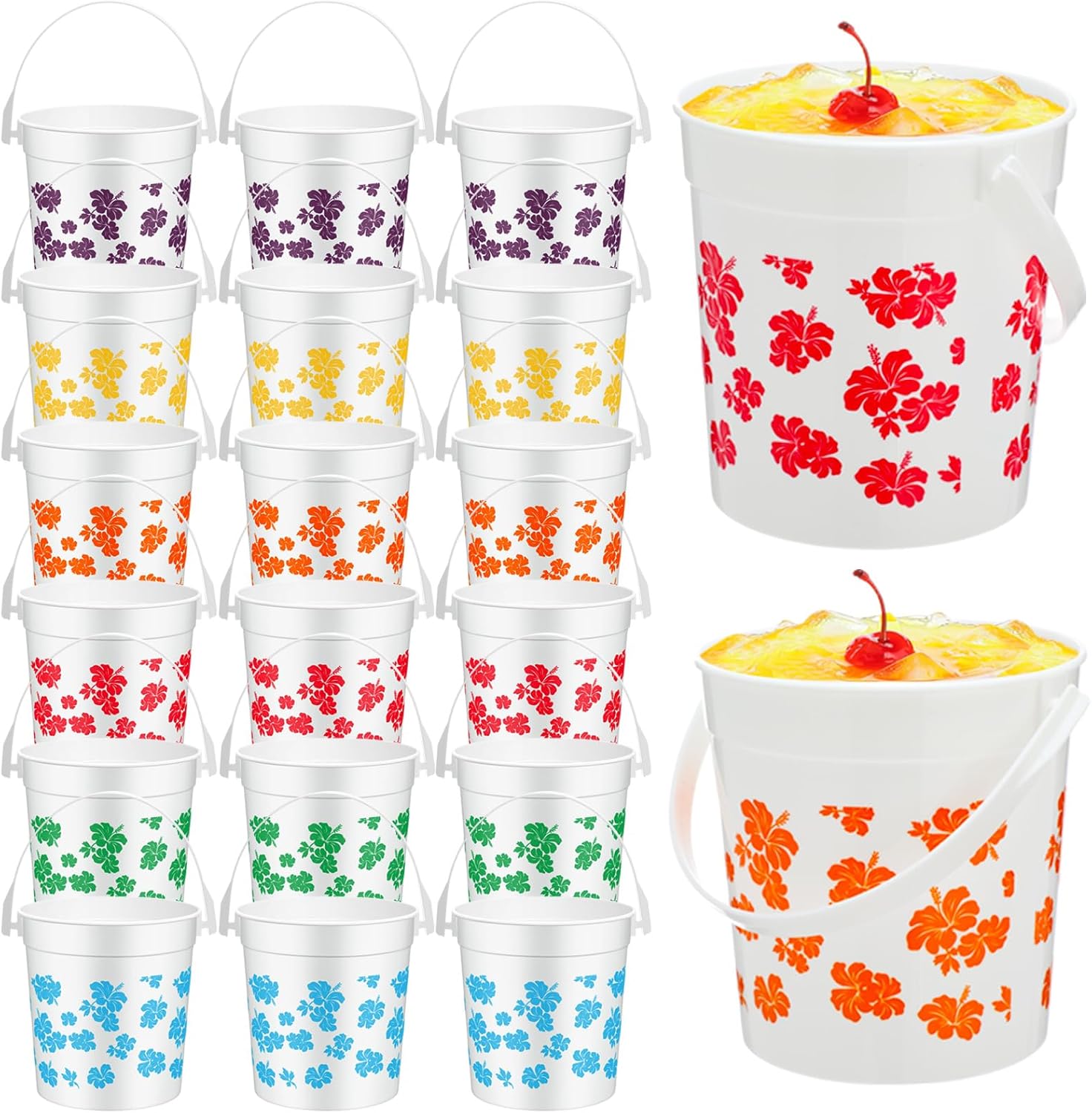Honeydak 24 Pcs 32oz Cocktail Rum Buckets for Drinks 5.3 x 4.8 x 3.7 Inches Hibiscus Plastic Ice Cream Buckets with Handles Reusable Food Storage Containers for Hawaiian Parties Luau Summer Beach