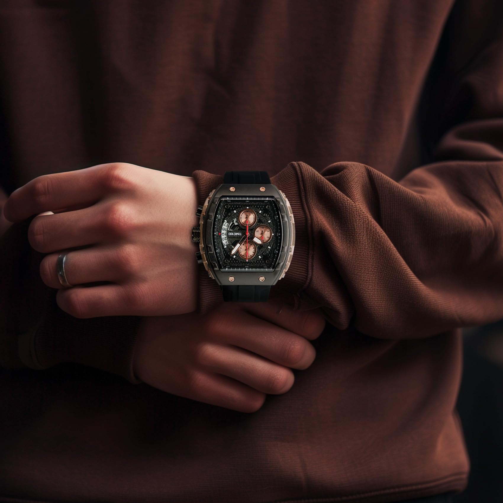 TIME100 Zegarek dla mężczyzn Chronograf Kalendarz Kwadratowa Twarz Świecący Styl Punkowy Wielofunkcyjny Pod-Tarcza Męski Szkielet Tonneau Zegarek Regulowany Silikonowy Pasek, Czarne i różowe złoto,