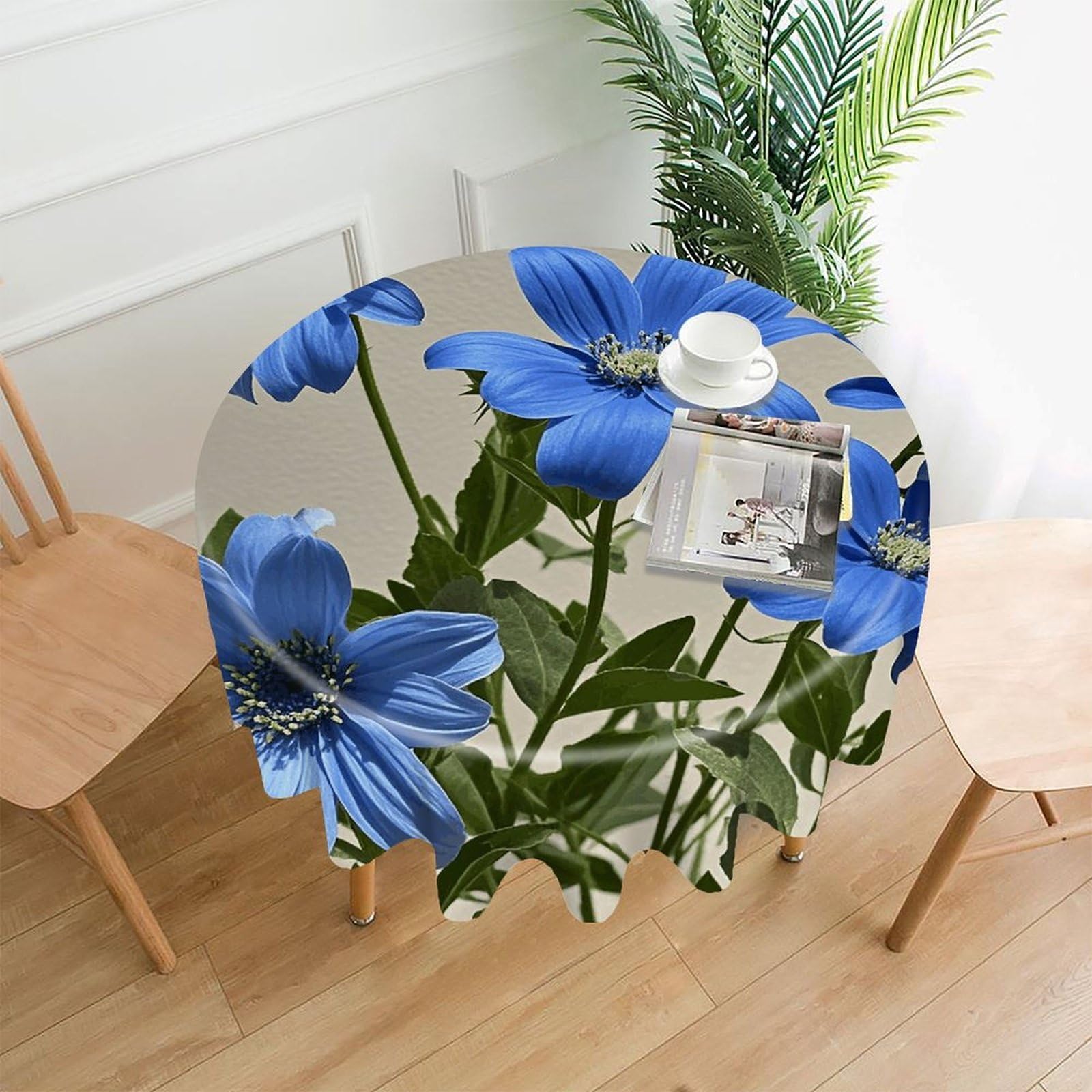 LZQPOEAS Cyan Blue Flowers Tablecloth Decorative Round Table Cloth Wrinkle Resistant Round Tablecloth Washable Circle Table Cover for Kitchen Dining Party Wedding Camping 60 Inch