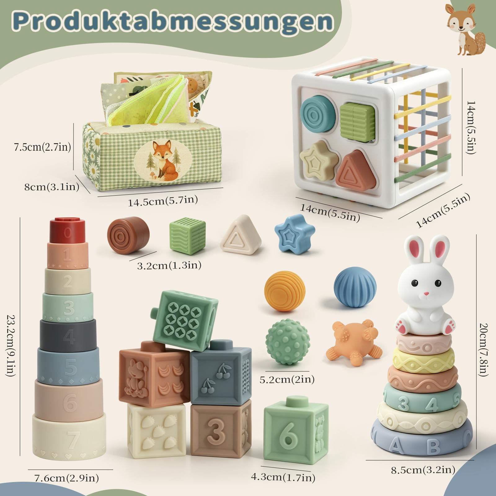 Anook Montessori Spielzeug Baby ab 6 Monate, Baby Spielzeug 6 8 9 10 Monate | Babyspielzeug ab 6 Monate mit Bausteine,Stapelbecher,Tücherbox Baby,Formsortierwürfel,Stapelturm,Geschenk für 6-12 Monate